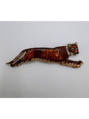 Vintage Enamel Tiger Brooch Figural Animal Gold Tone Jungle Cat Pin 3 Inch